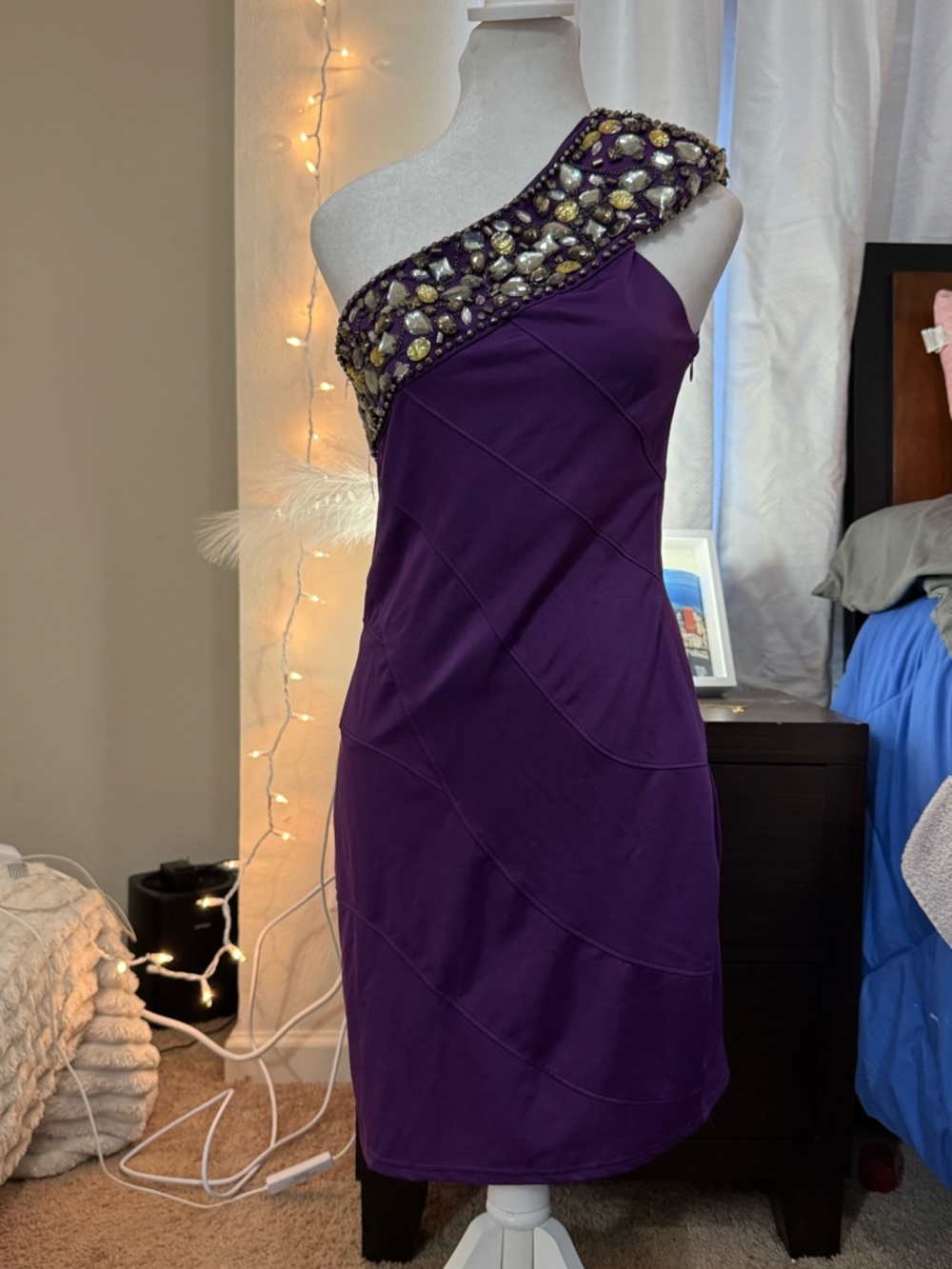 bebe One-Shoulder Purple Cocktail Dress with Beaded Shoulder